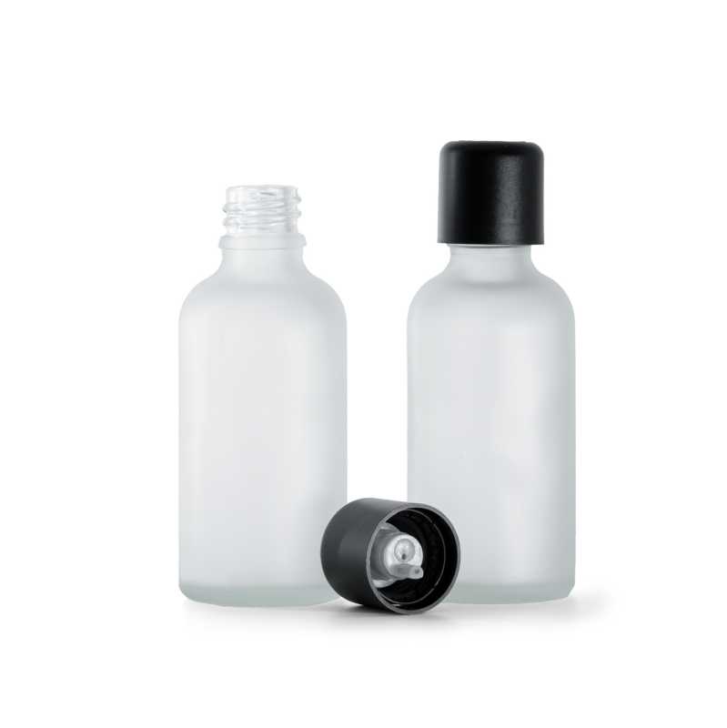 Bottiglia in vetro satinato trasparente, tappo di sicurezza antimanomissione nero con contagocce, 50 ml