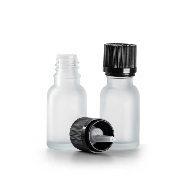 Flacone in vetro satinato trasparente, contagocce con tappo di sicurezza nero, 15 ml