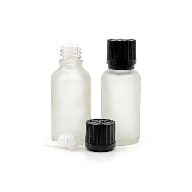 Flacone in vetro satinato trasparente, tappo di sicurezza nero con contagocce, 30 ml