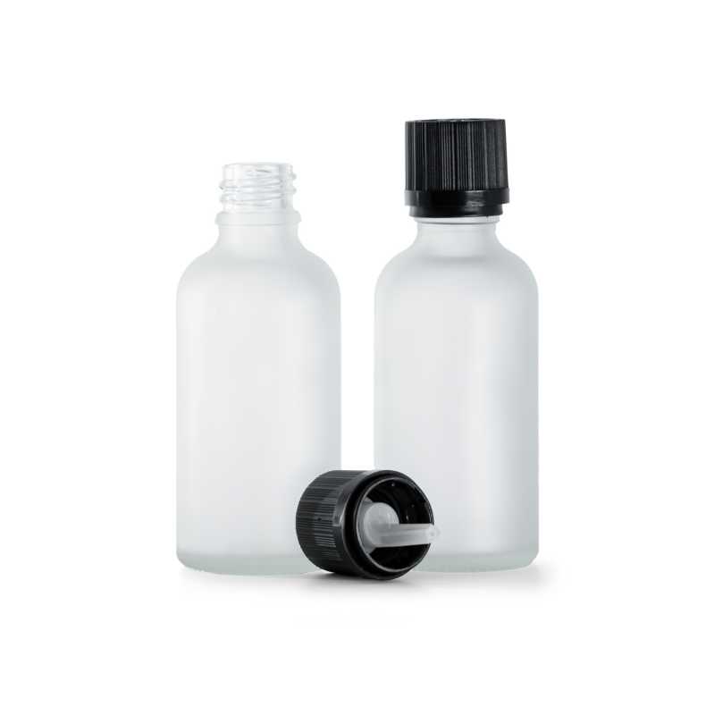 Flacone in vetro satinato trasparente, contagocce con tappo di sicurezza nero, 50 ml
