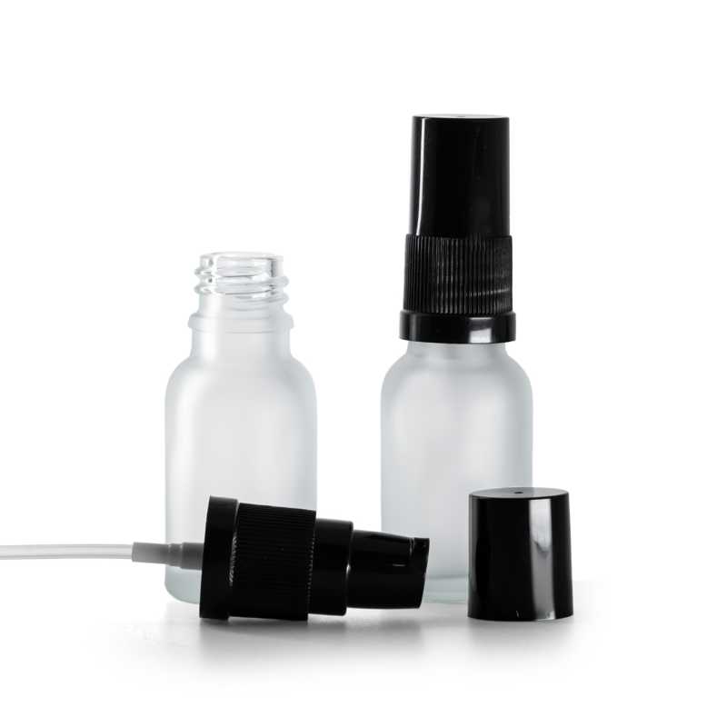 Flacone in vetro satinato trasparente, dosatore lozione nero con cappuccio nero, 15 ml