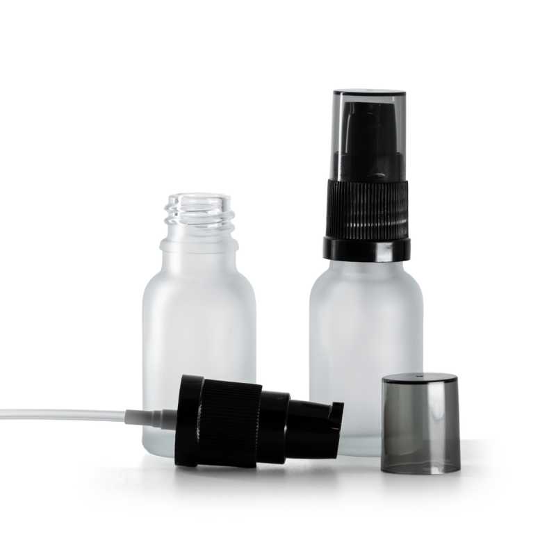 Flacone di vetro trasparente satinato, pompa lozione con sopra-tappo fumé, 15 ml