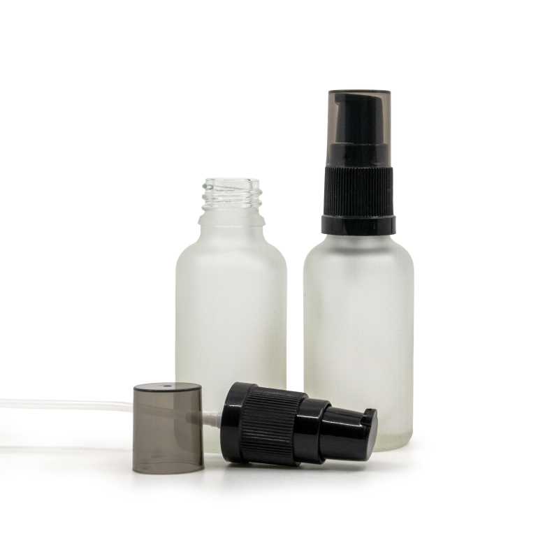 Flacone di vetro trasparente satinato, pompa lozione con sopra-tappo fumé, 30 ml