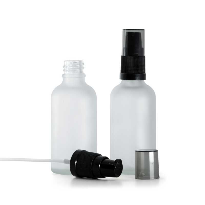 Flaconcino di vetro trasparente opaco, dosatore di crema con sopra-tappo fumé, 50 ml