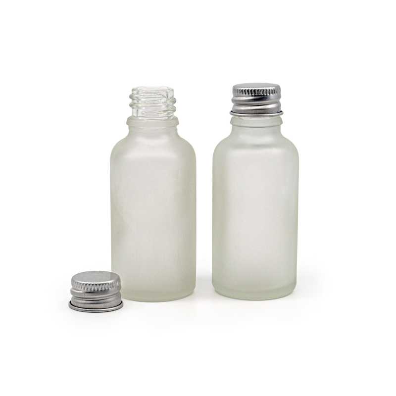Flacone in vetro, satinato trasparente, chiusura in alluminio, 30 ml
