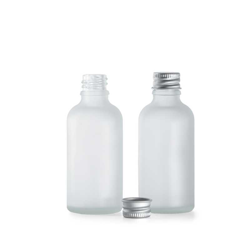 Flacone di vetro satinato trasparente, tappo in alluminio, 50 ml