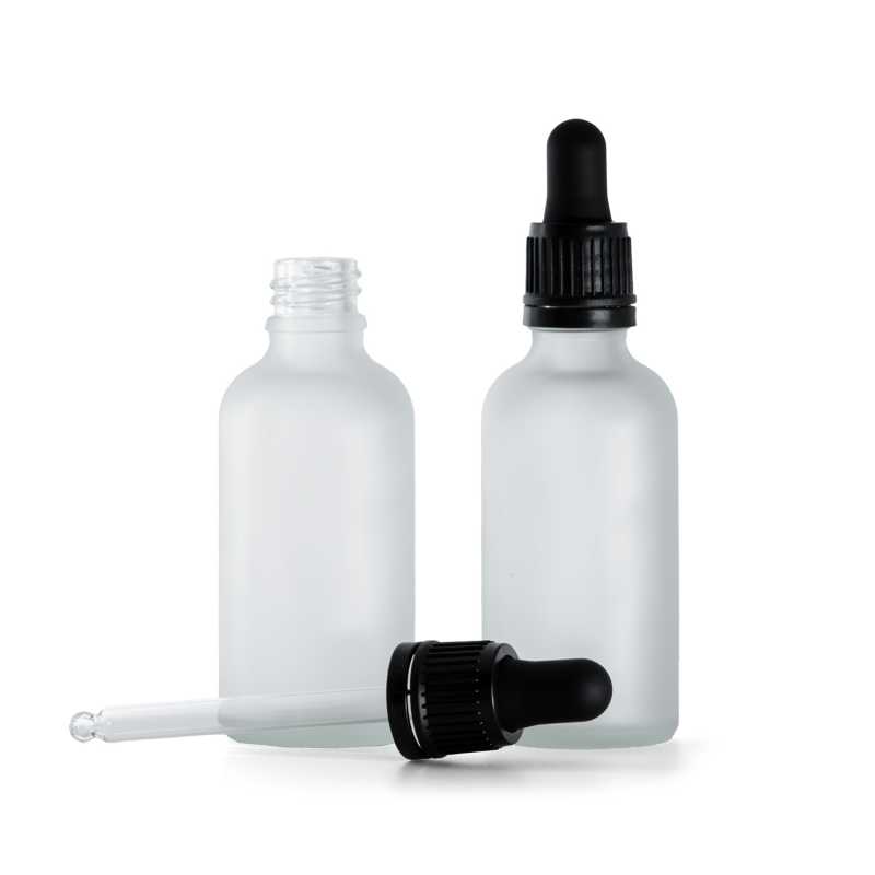 Flacone in vetro, satinato trasparente, contagocce inviolabile nero, 50 ml