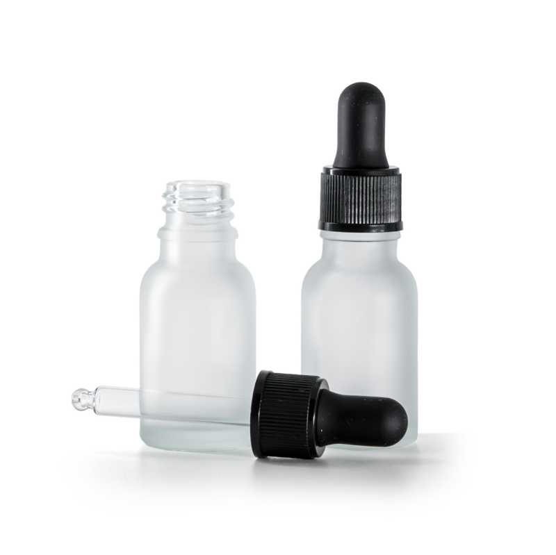 Flacone in vetro, trasparente, satinato, contagocce nero opaco, 15 ml