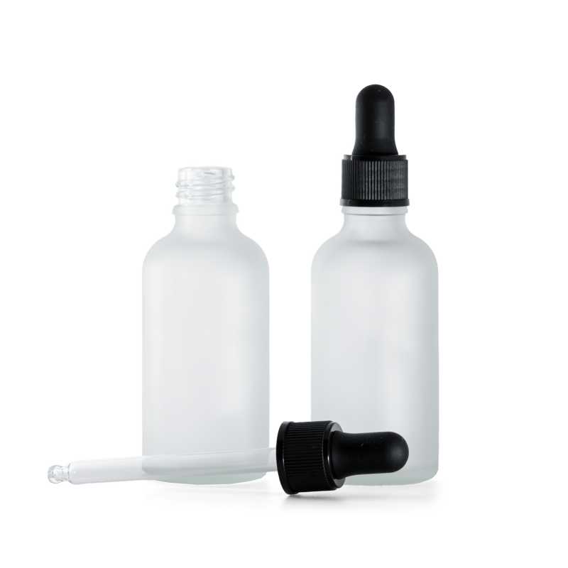 Flacone in vetro satinato trasparente, contagocce nero opaco, 50 ml
