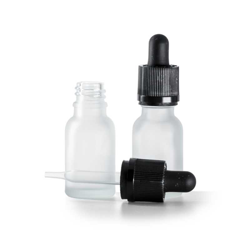 Flacone in vetro satinato trasparente, contagocce di sicurezza antimanomissione nero, 15 ml