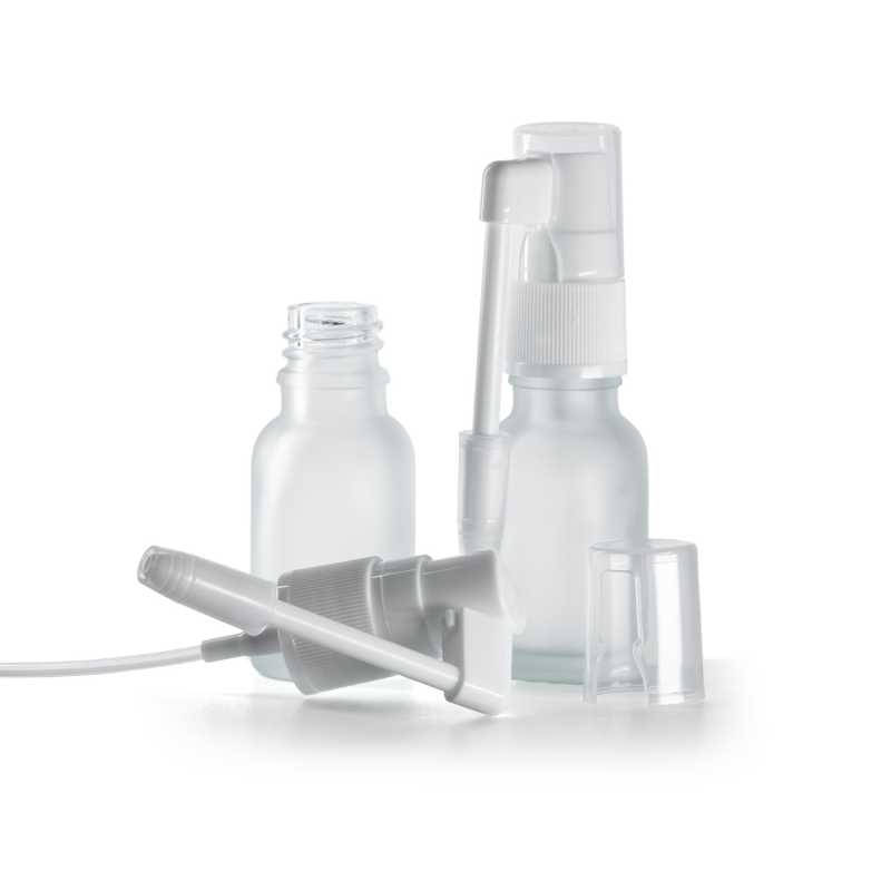 Flacone in vetro satinato trasparente, spruzzatore orale bianco, 15 ml