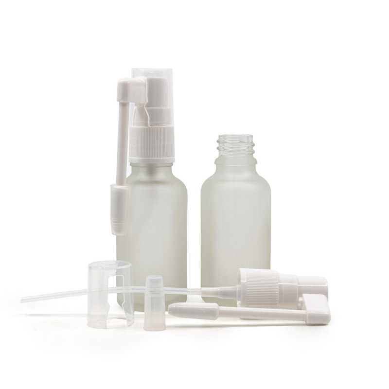 Flacone in vetro satinato trasparente, spruzzatore orale bianco, 30 ml