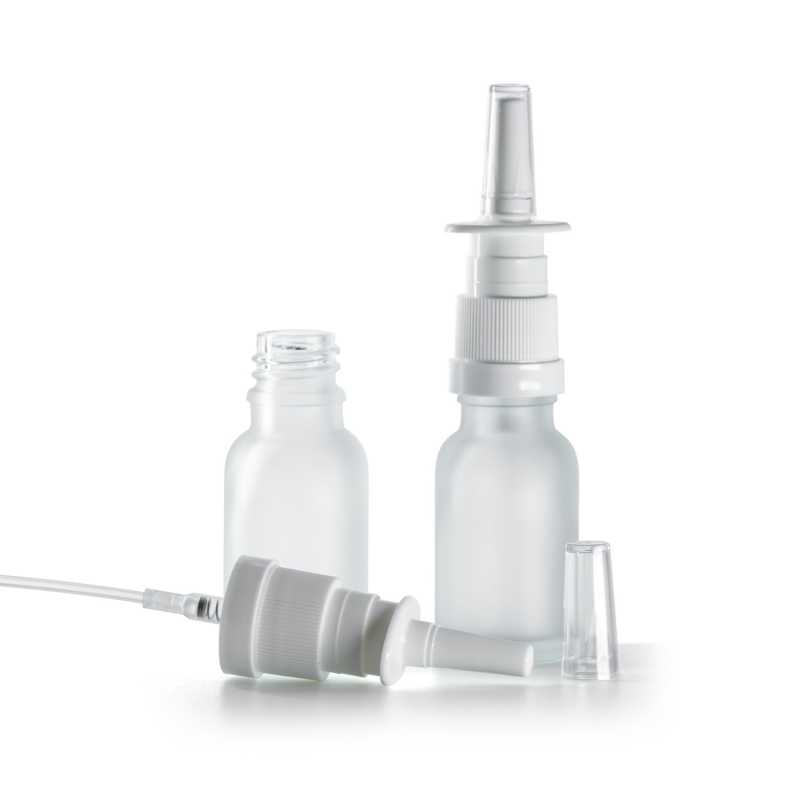 Flacone in vetro satinato trasparente, spray nasale bianco, 15 ml
