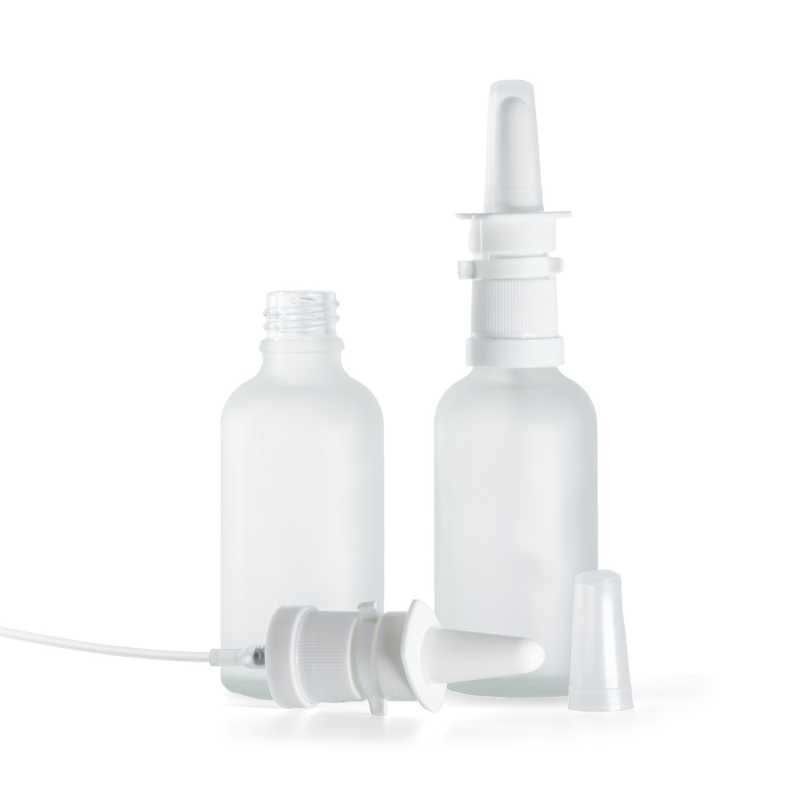 Flacone in vetro satinato, trasparente, spray nasale bianco, 50 ml