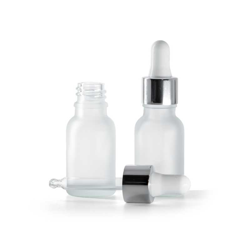 Flacone in vetro satinato trasparente, contagocce bianco argento lucido, 15 ml