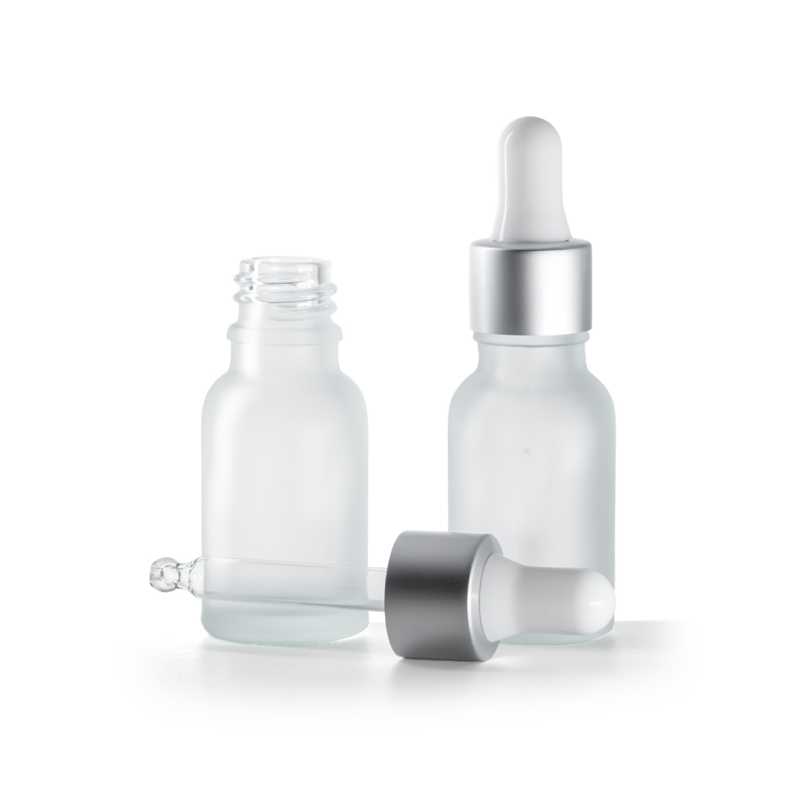 Flacone in vetro satinato trasparente, contagocce bianco argento opaco, 15 ml