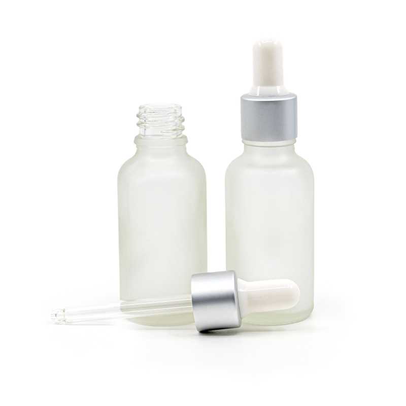 Flacone in vetro satinato trasparente, contagocce bianco argento opaco, 30 ml