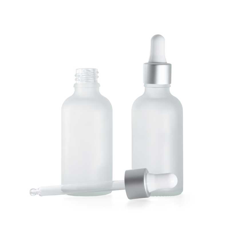 Flacone in vetro satinato trasparente, contagocce bianco argento opaco, 50 ml