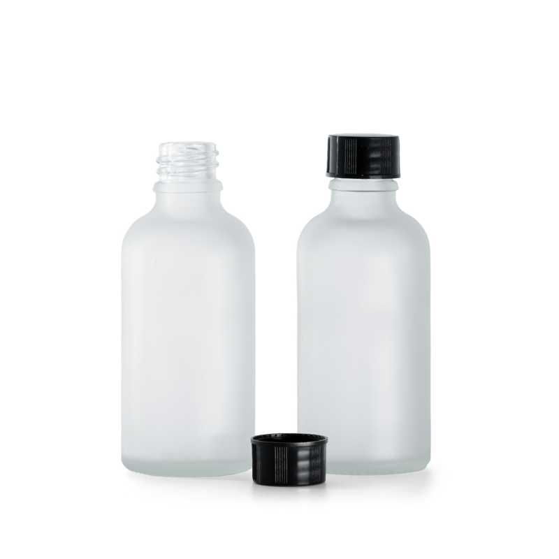 Bottiglia in vetro satinato trasparente, tappo nero, 50 ml