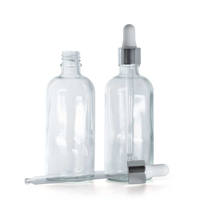 Flacone in vetro, trasparente, contagocce argento, 100 ml