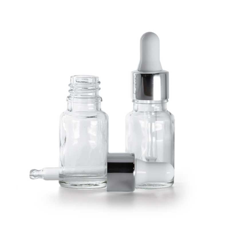 Flacone in vetro, trasparente, contagocce argento, 10 ml