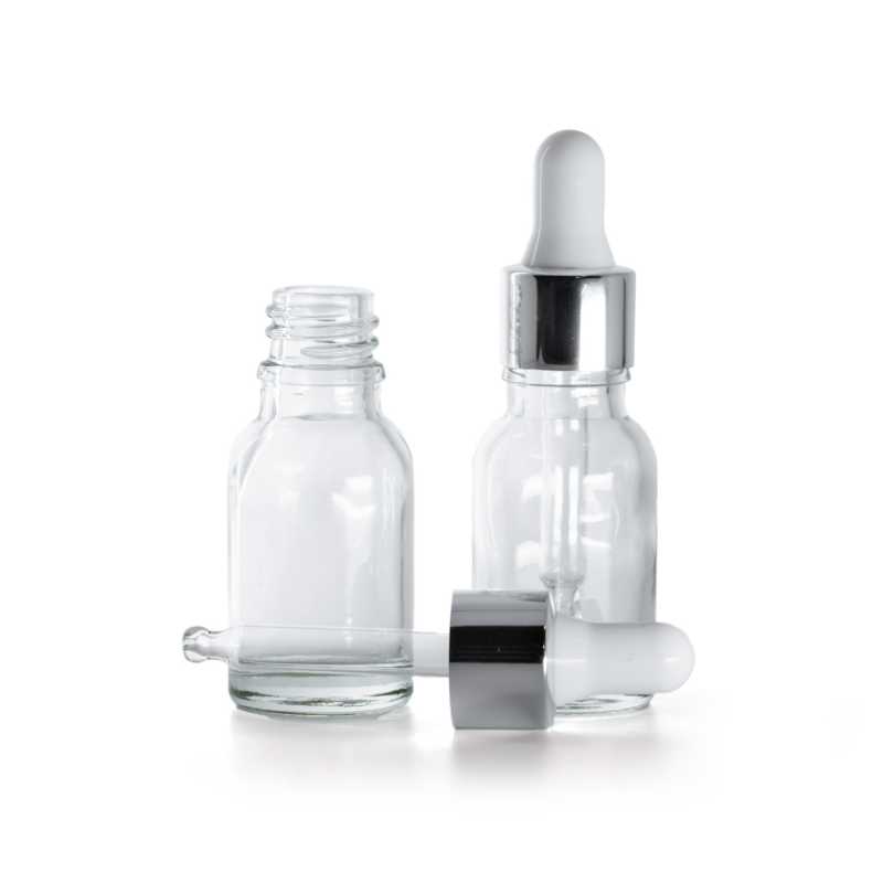 Flacone in vetro, trasparente, contagocce argento lucido, 15 ml