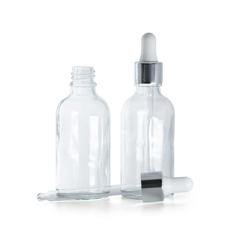 Flacone in vetro, trasparente, pipetta argentata, 30 ml