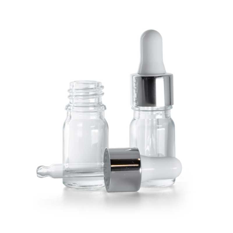 Bottiglia in vetro, trasparente, contagocce argento, 5 ml