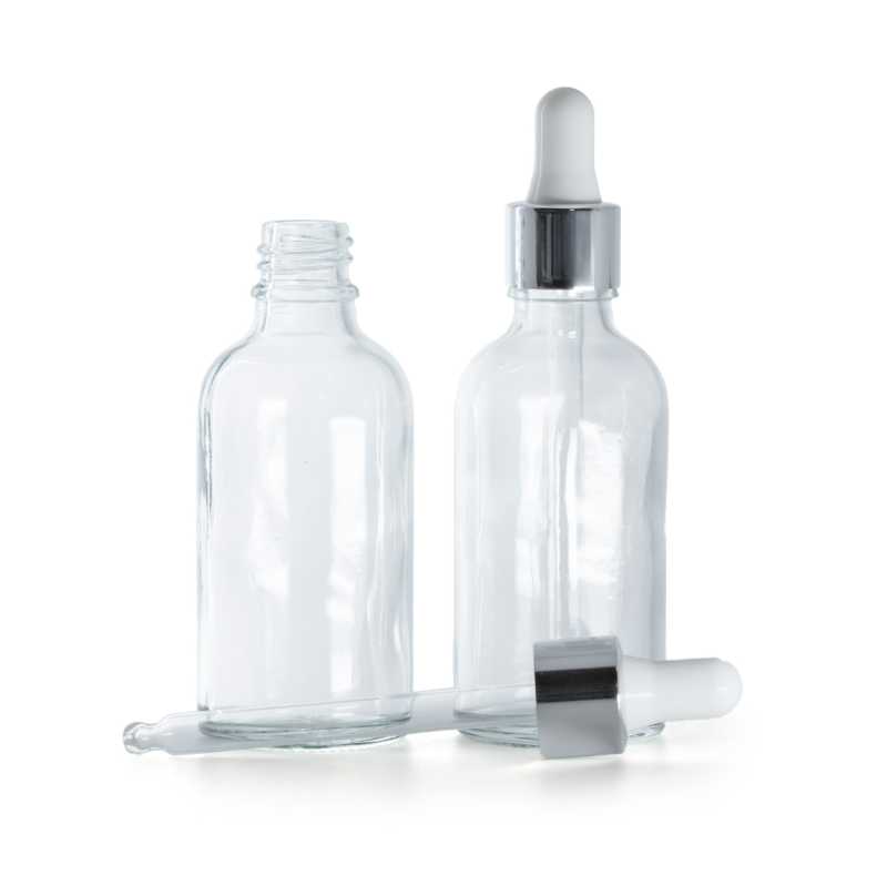 Flacone in vetro, trasparente, contagocce argento, 50 ml