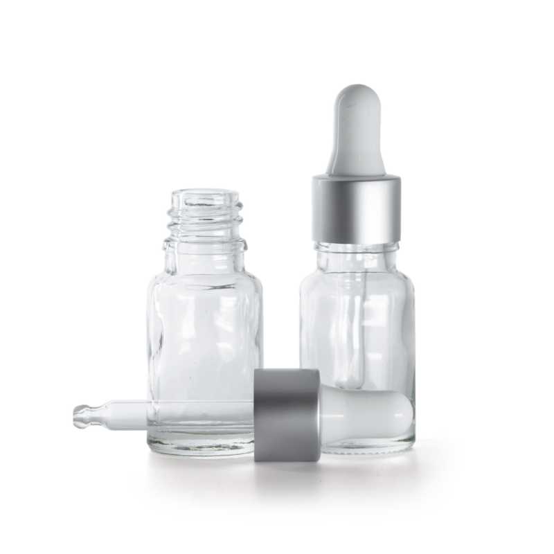 Flacone in vetro, trasparente, contagocce bianco argento opaco, 10 ml