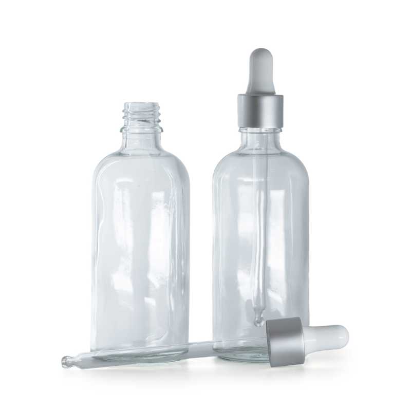 Flacone in vetro, trasparente, contagocce argento opaco, 100 ml