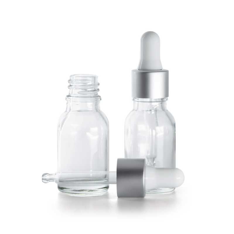Flacone in vetro, trasparente, contagocce bianco argento opaco, 15 ml