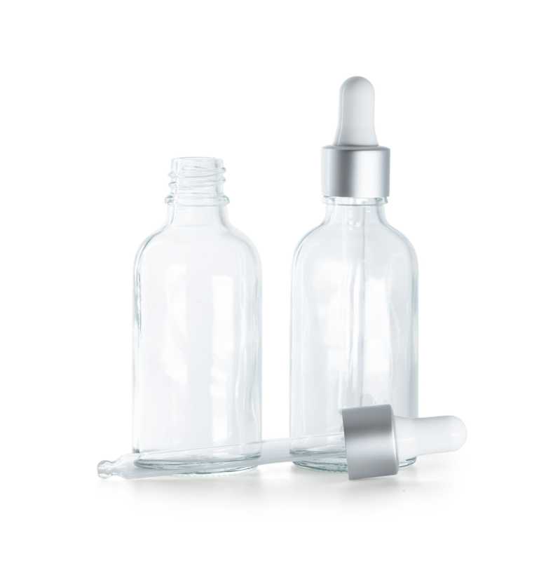 Flacone in vetro, trasparente, contagocce, argento bianco opaco, 30 ml