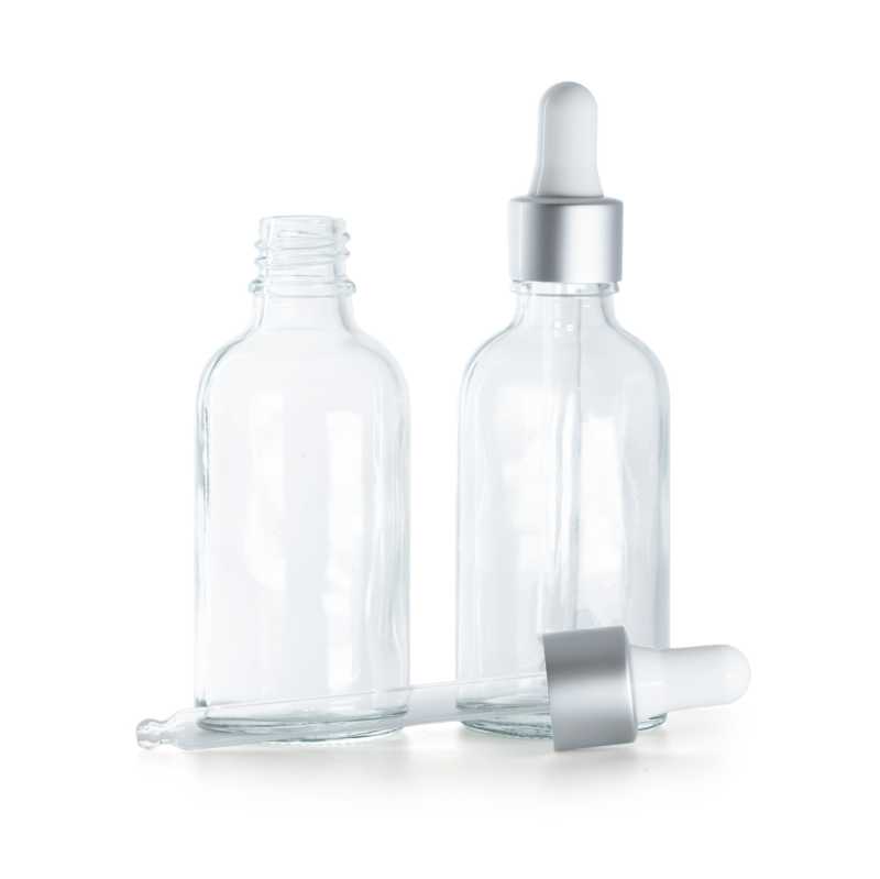 Bottiglia in vetro, trasparente, contagocce argento opaco, 50 ml