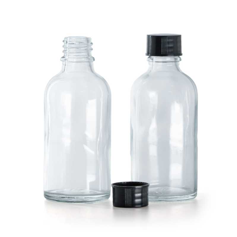 Flacone in vetro, trasparente, tappo nero, 50 ml
