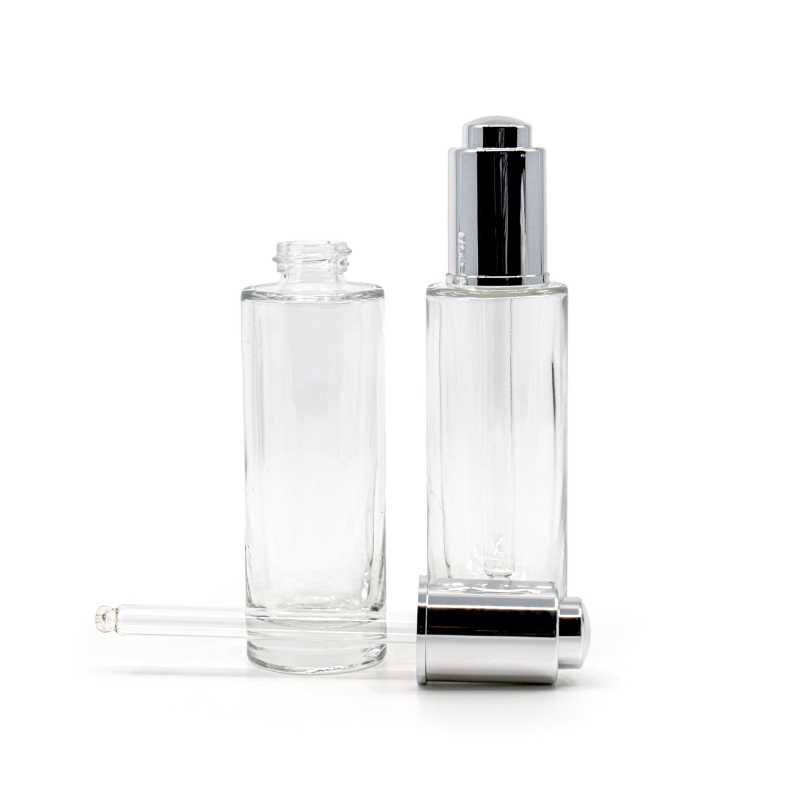Bottiglia in vetro, trasparente, contagocce argento, 30 ml