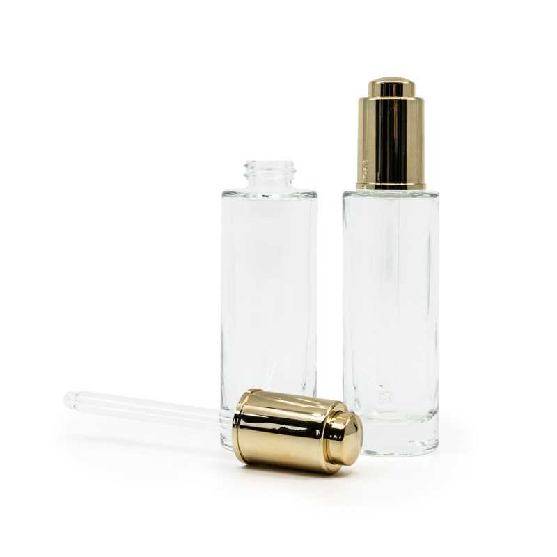 Flacone in vetro trasparente alto con contagocce oro 30 ml