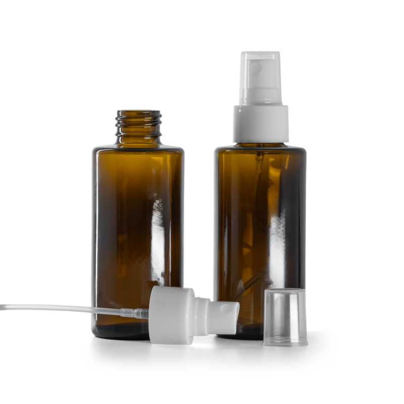 Bottiglia in vetro ambrato, collo dritto, 24 mm, spruzzatore bianco, 100 ml
