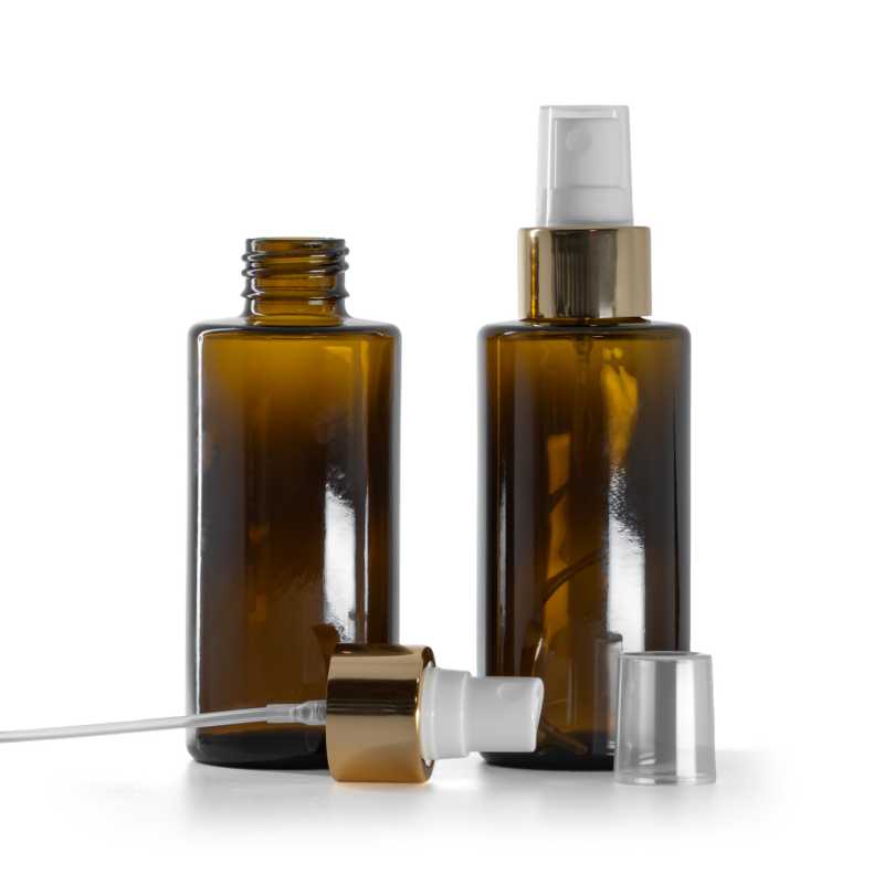 Bottiglia in vetro, parte superiore dritta, spruzzatore bianco, anello oro lucido, 100 ml