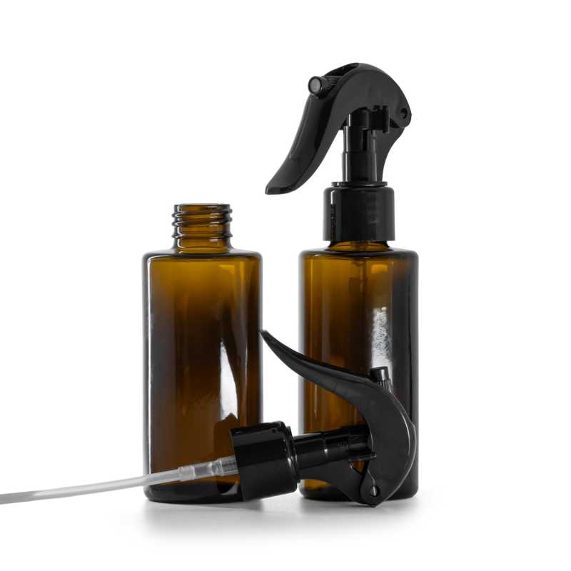 Bottiglia in vetro, ambra, collo dritto, 24 mm, spruzzatore a grilletto nero, 100 ml