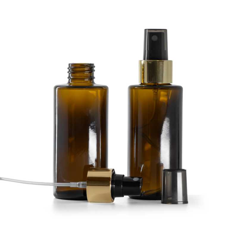 Bottiglia in vetro ambrato, parte superiore dritta, 24 mm, spruzzatore nero con anello dorato lucido, 100 ml