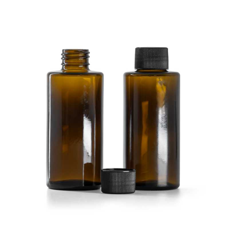 Flacone in vetro ambrato, tappo dritto, anello 24 mm, tappo nero zigrinato, 100 ml
