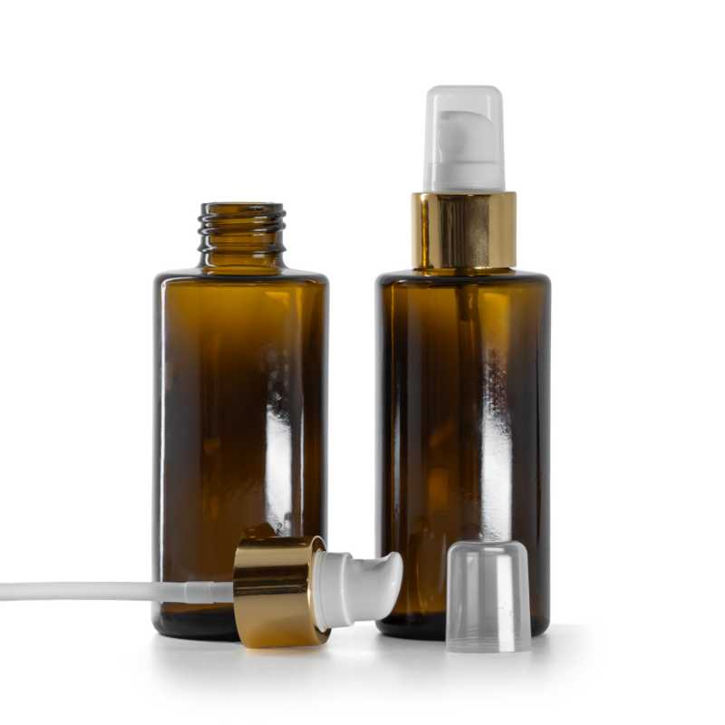 Flacone in vetro ambra, dosatore lozione bianco con sovratappo, oro lucido, 100 ml