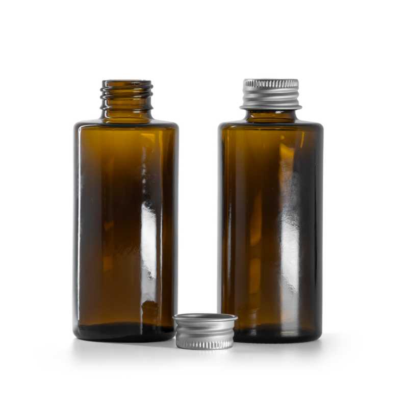Flacone in vetro, ambra, collo dritto, 24 mm, tappo in alluminio, argento, 100 ml