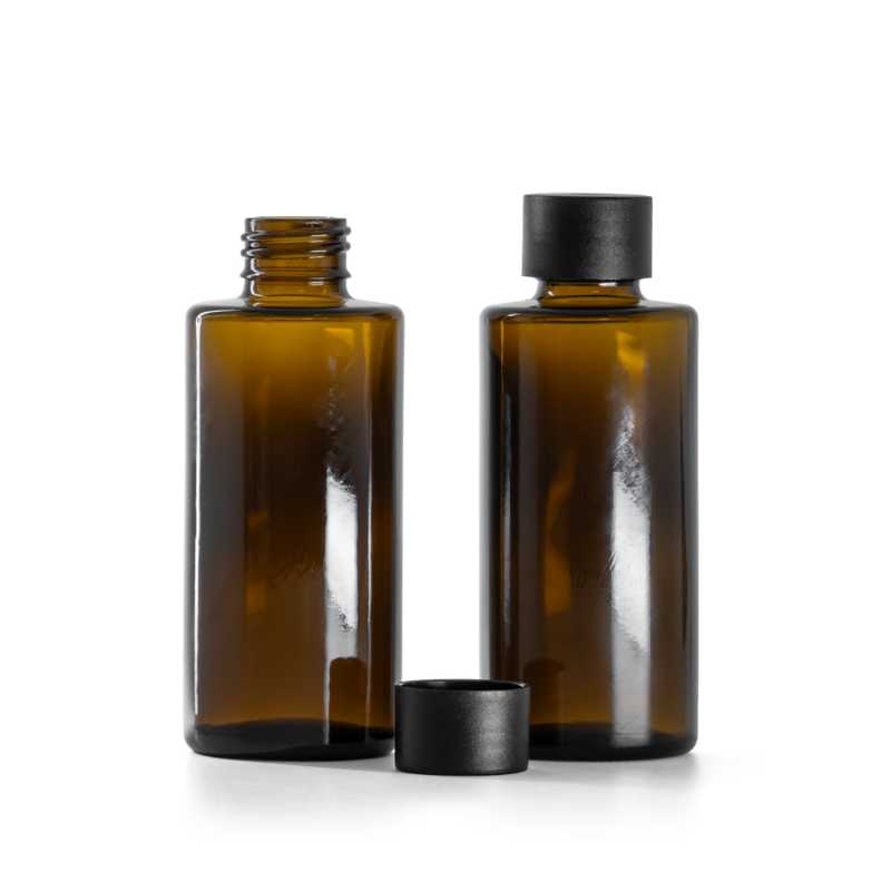 Bottiglia in vetro ambra, tappo dritto, anello 24 mm, tappo di plastica nero opaco, 100 ml
