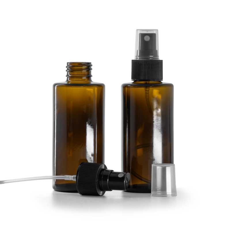 Flacone in vetro ambra, collo dritto, anello 24 mm, spruzzatore, nero, 100 ml