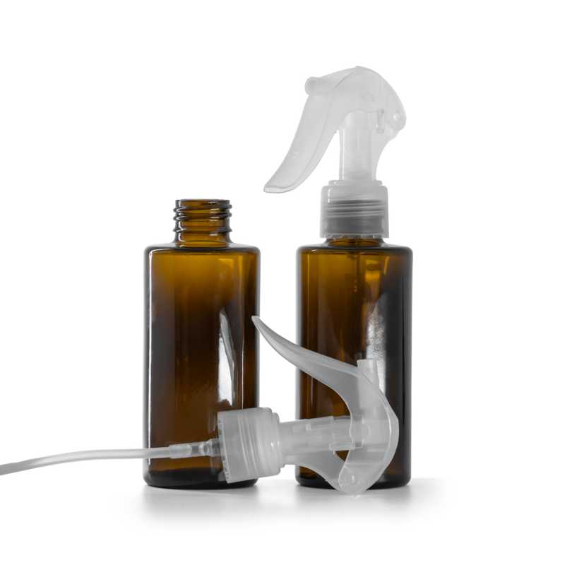 Bottiglia in vetro, ambra, collo dritto, 24 mm, spruzzatore a grilletto mini, trasparente, 100 ml