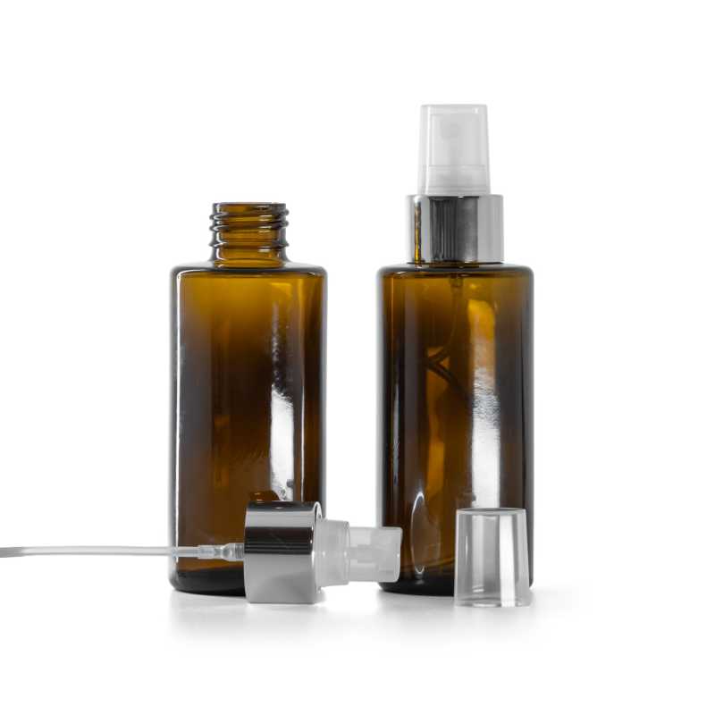 Flacone in vetro ambrato, spruzzatore trasparente con anello argento lucido, 100 ml