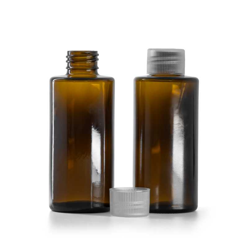 Bottiglia in vetro, ambra, cima dritta, anello 24 mm, tappo trasparente, 100 ml
