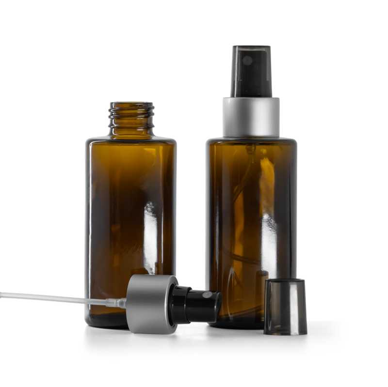 Flacone in vetro ambrato, nero, spruzzatore, anello argento opaco, 100 ml